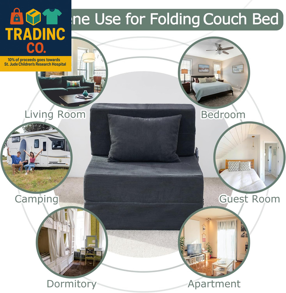 Folding Sof Bed, 4 in 1 Convertible Sleeper Chir with Pillow, Single Memory Fom