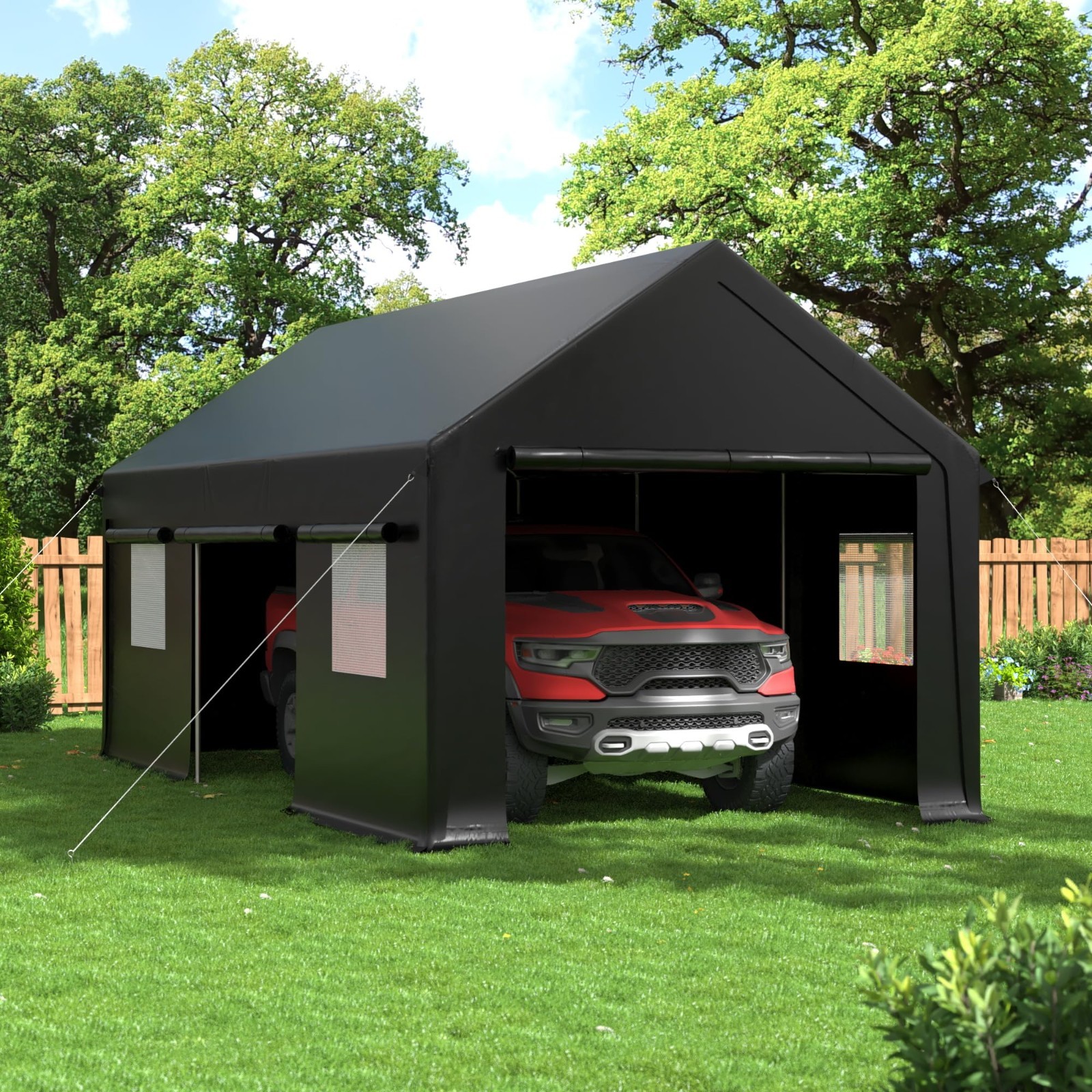 12x20/13x25/20x20FT Carport Canopy Heavy Duty w/ Side Doors Outdoor Car Shelter