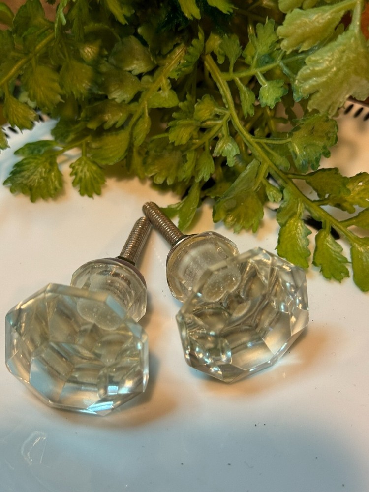 4; Glass Cabinet Knobs Clear Glass Drawer Pulls Depression Era Style w/Hardware