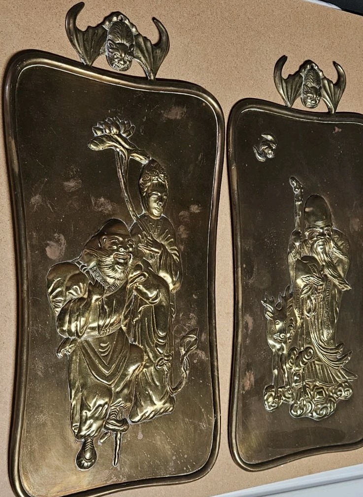 Lot Of 2 Chinese Brass Wall Hanging Reliefs Winged Bat 8x16.5"