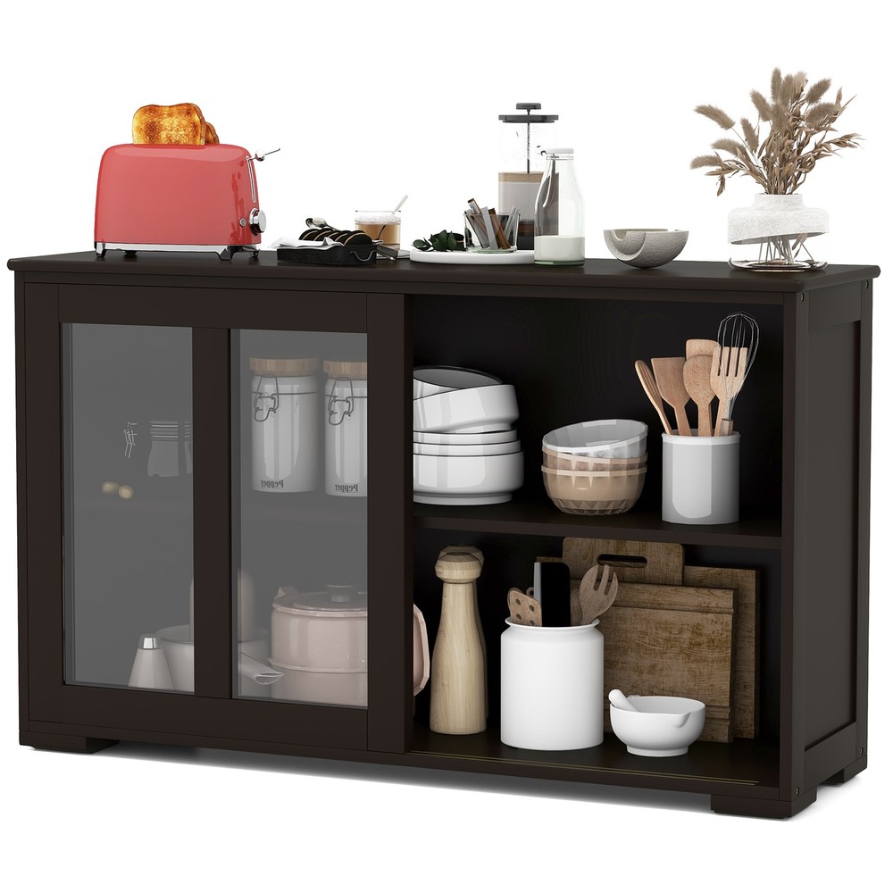 2PCS 2-Door Stackable Buffet Sideboard w/Sliding Tempered Glass Doors Brown