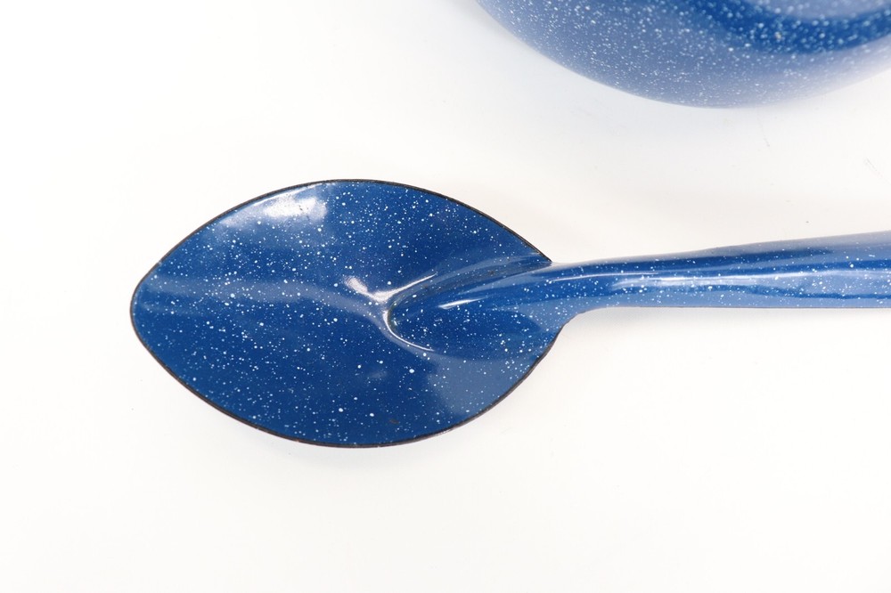 Blue Enamel Camping Pot Speckled w/Serving Spoon