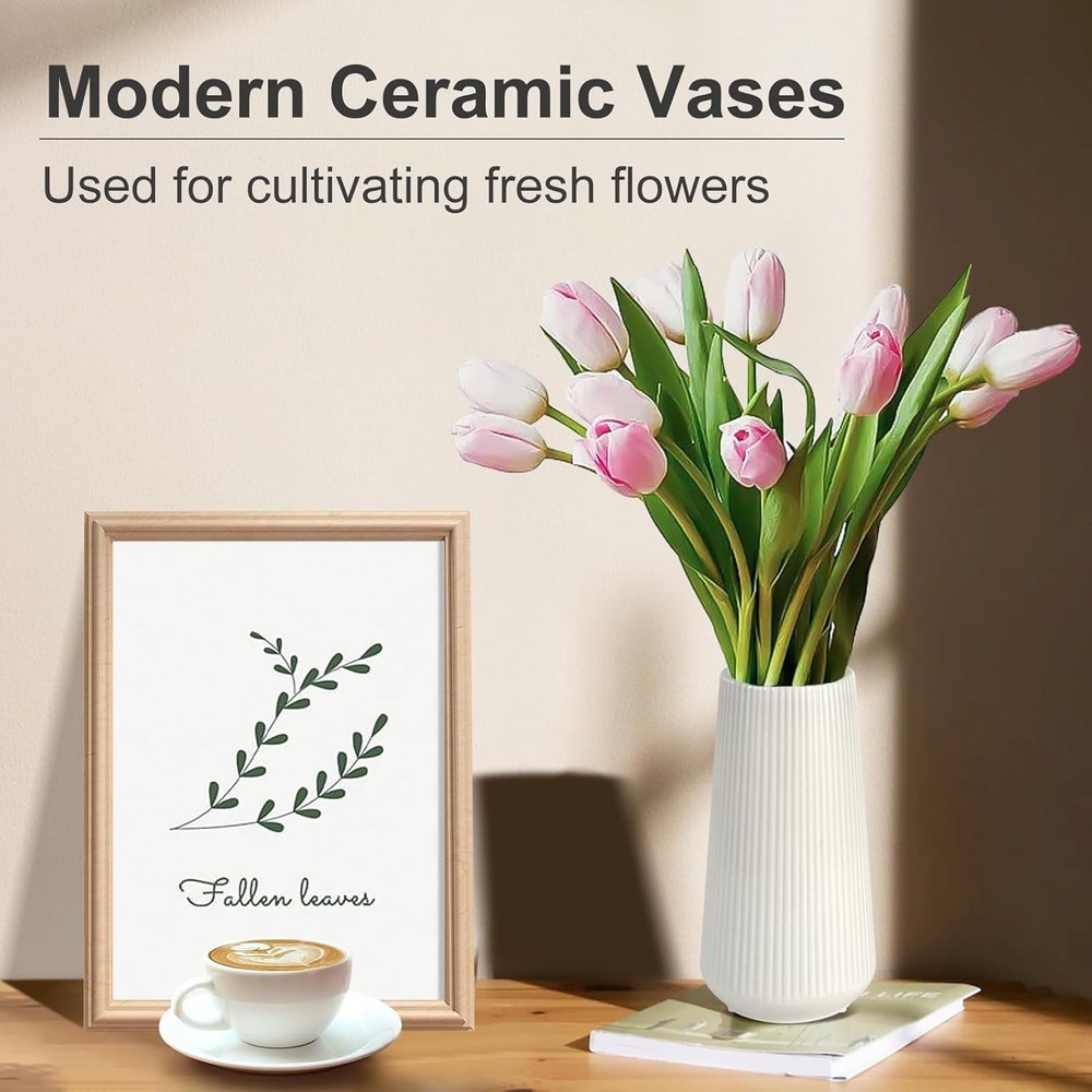 White Ceramic Vase, Small Cute Flower Vase for Pampas Grass, Home, and Decor