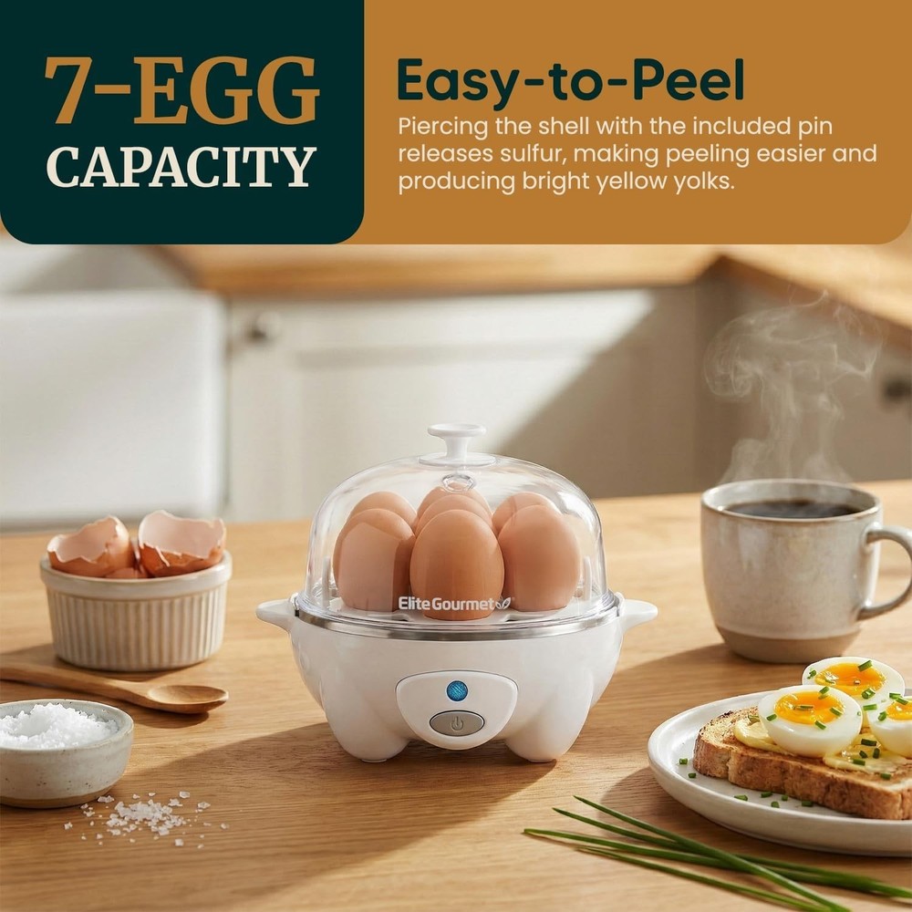 Compact White Egg Cooker with Auto Shut-Off: Makes 7 Delicious Eggs Effortlessly