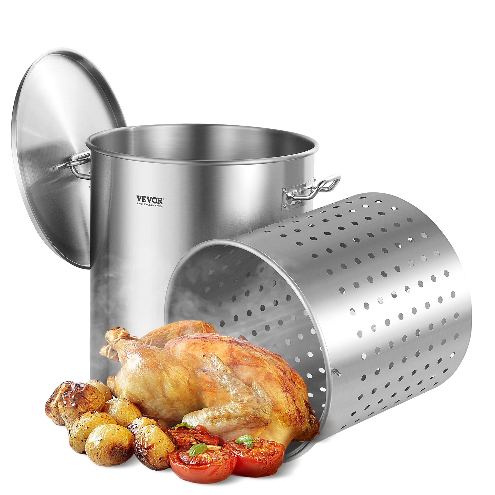 VEVOR 64QT Stainless Steel Stockpot Cooking Kitchen Sauce Pot w/ Basket Lid
