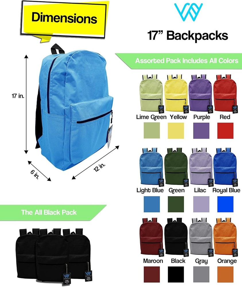 Winterlace 24 Pack Backpack, Bulk 17 inch Lightweight Outdoor Travel Assorted