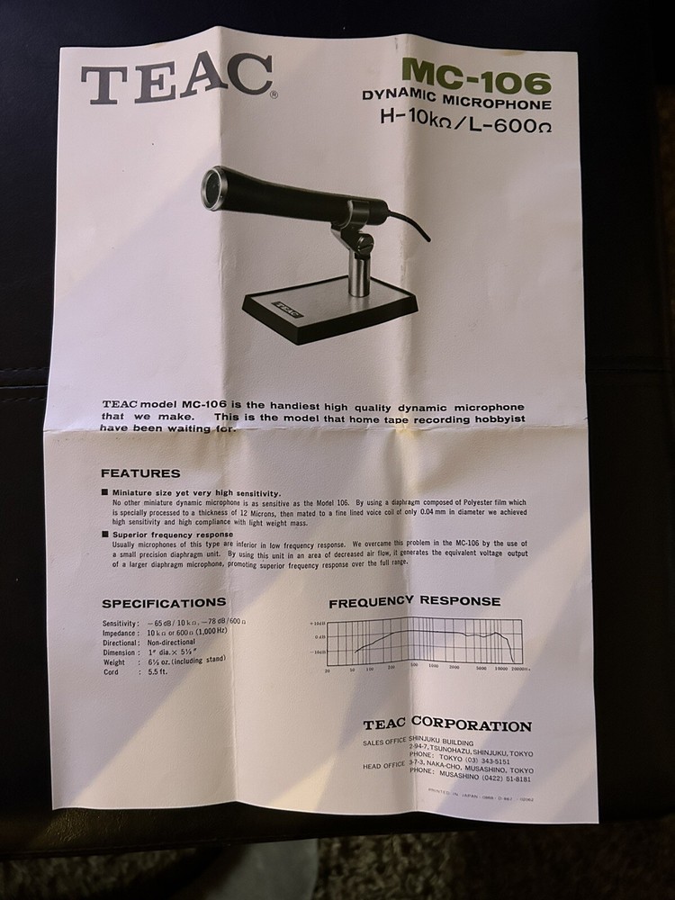 Teac MC-106 Dynamic Microphone with Stand, Original Box, and Instructions