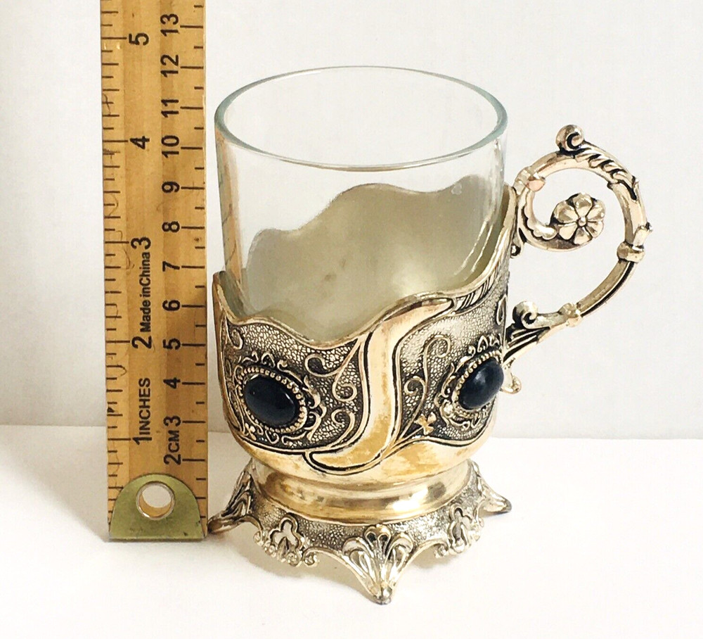 12 sets Tea Glass & Cup Holders Silver Plated With Black Stones Decorative E1-35