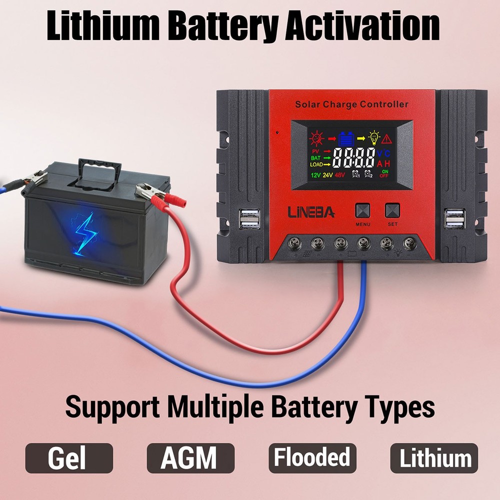 100A Solar Panel Battery Charge Controller 12V/24V/48V LCD Regulator Auto 4 USB