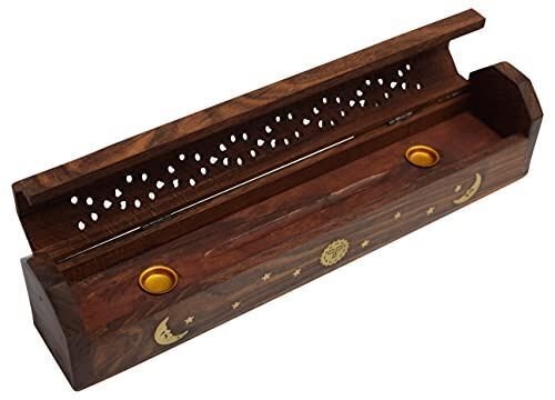 Coffin Style Wood Incense Burner Holder with Sun and Moon Inlays for Incense Sti