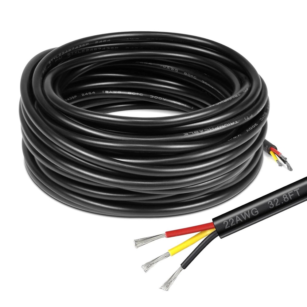 22 Gauge 3 Conductor Electrical Wire, 32.8FT Black Stranded Low Voltage 22/3 Cab