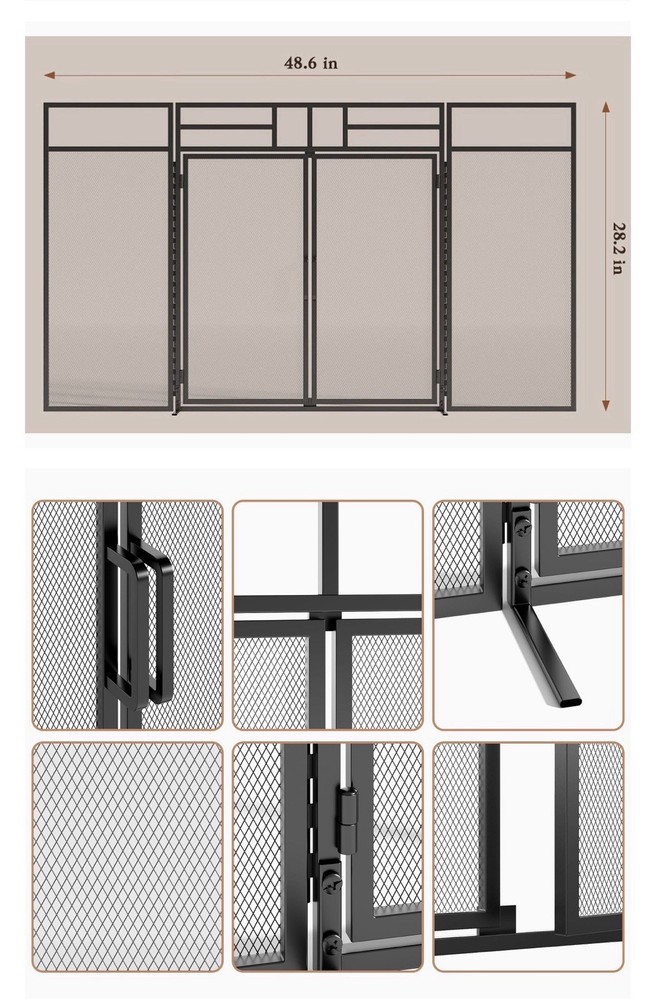 3-Panel Folding Fireplace Screen with Magnetic Hinged Doors, Solid Wrought Iron
