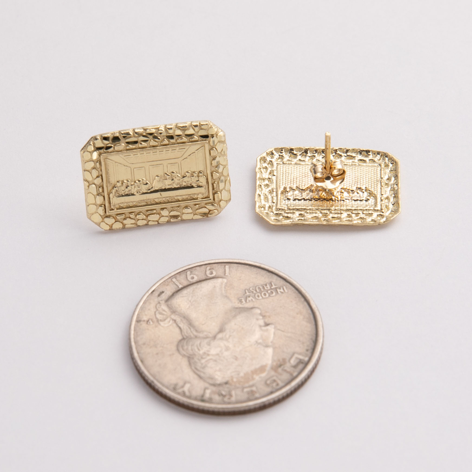 Solid 10K 1/2" Diamond-Cut Last Supper Nugget Stud Earrings Yellow Gold All Size