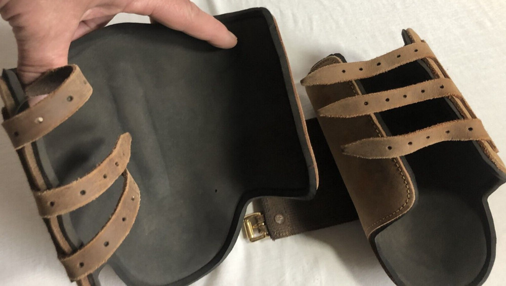 Brown Split Leather splint boots with three buckles 8 inch Size Large