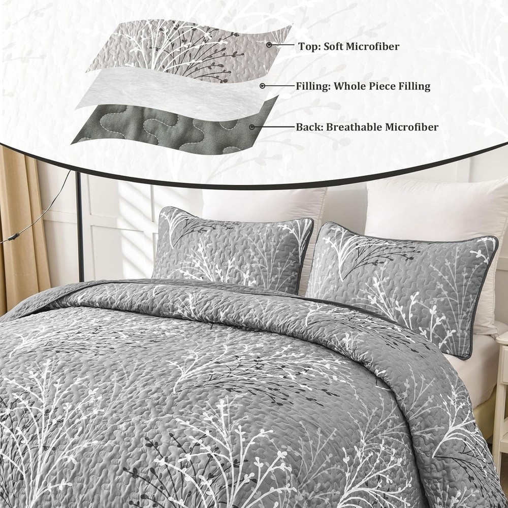Grey Quilt Set Queen Size - Branch Botanical Pattern Bedspread Coverlet Set, ...