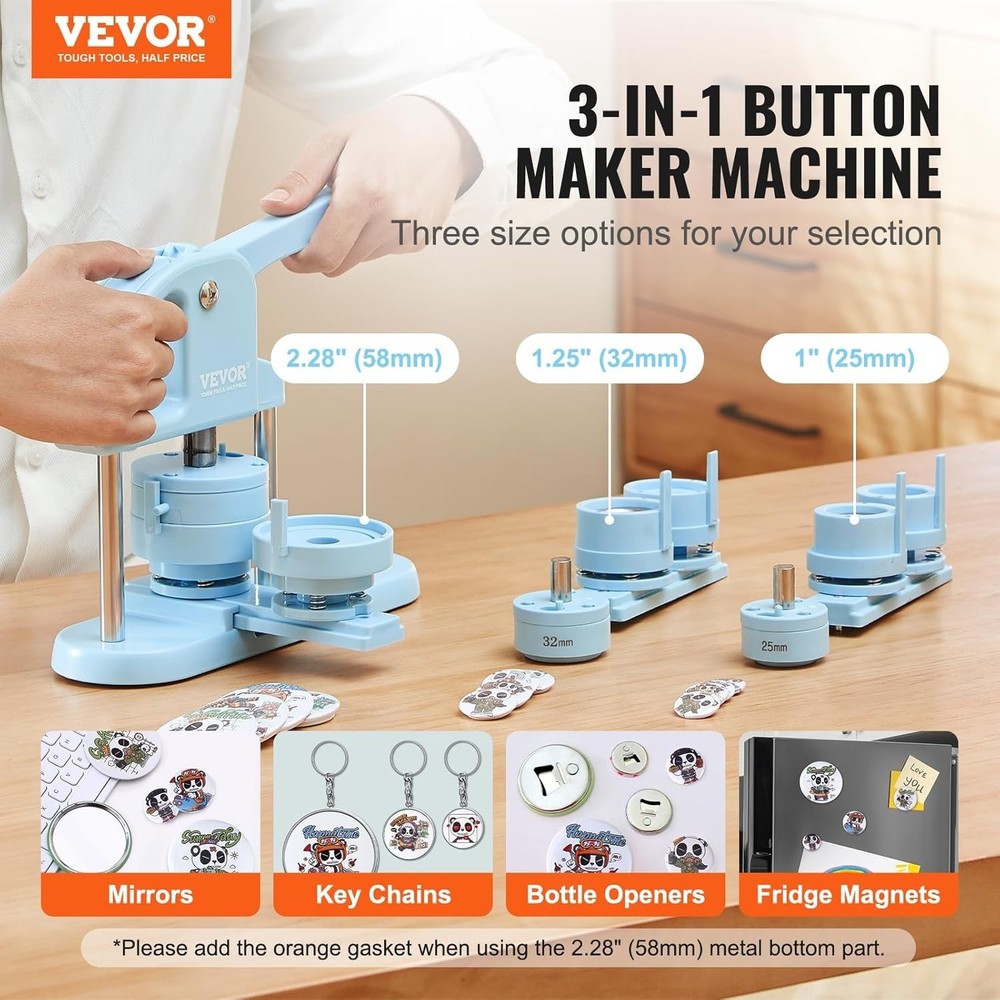 Brand New Button Maker Set 3-in-1 25/32/58mm Blue