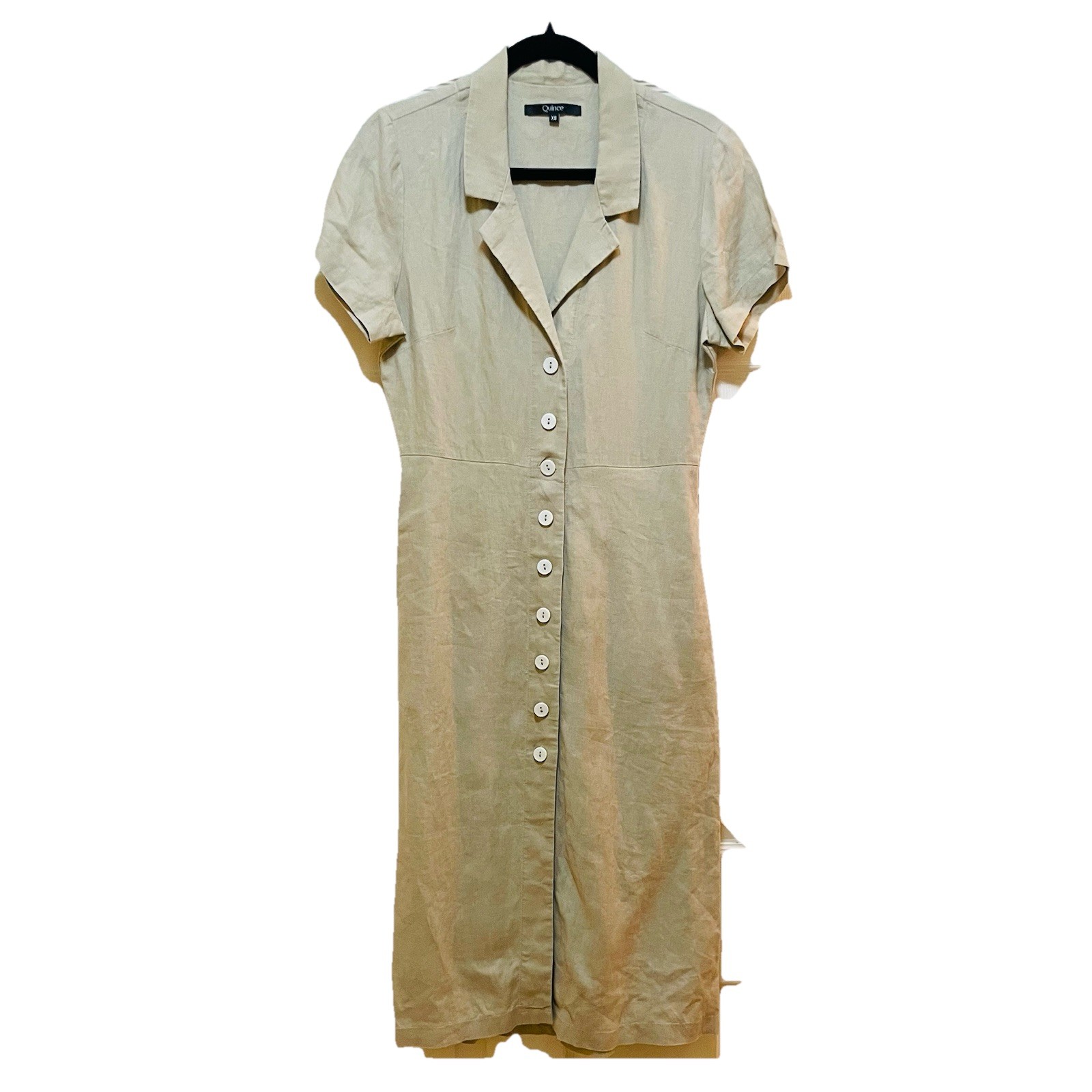 QUINCE Beige 100% Organic Linen Short Sleeve Midi Shirt Dress Sz XS