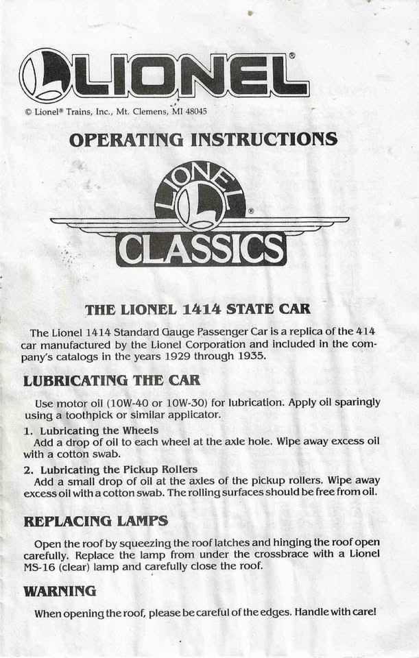 Lionel Classics Operating Instructions for 1414 State Car