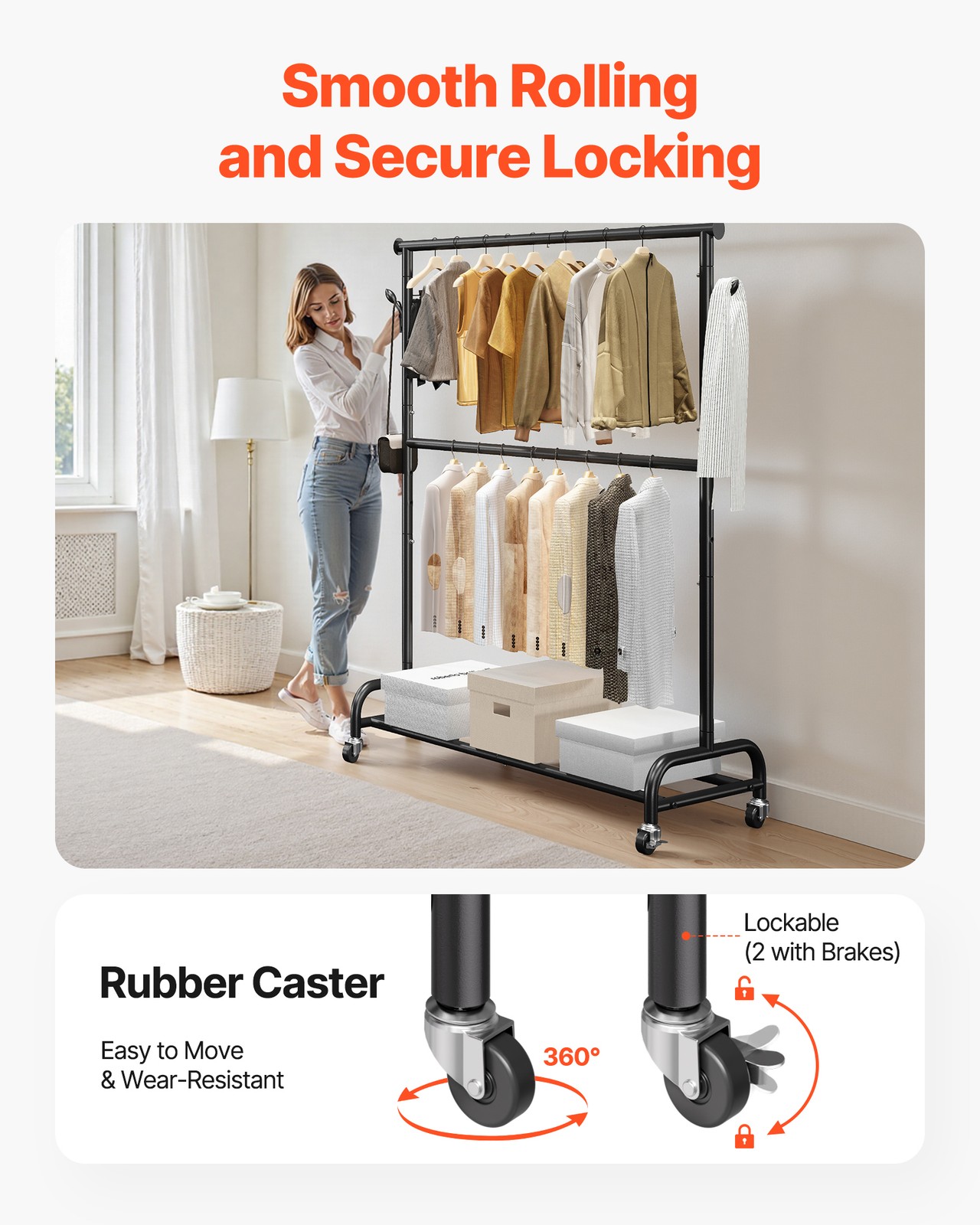 Uimoso Rolling Clothes Garment Rack with Wheels Adjustable Crossbar Side Hooks