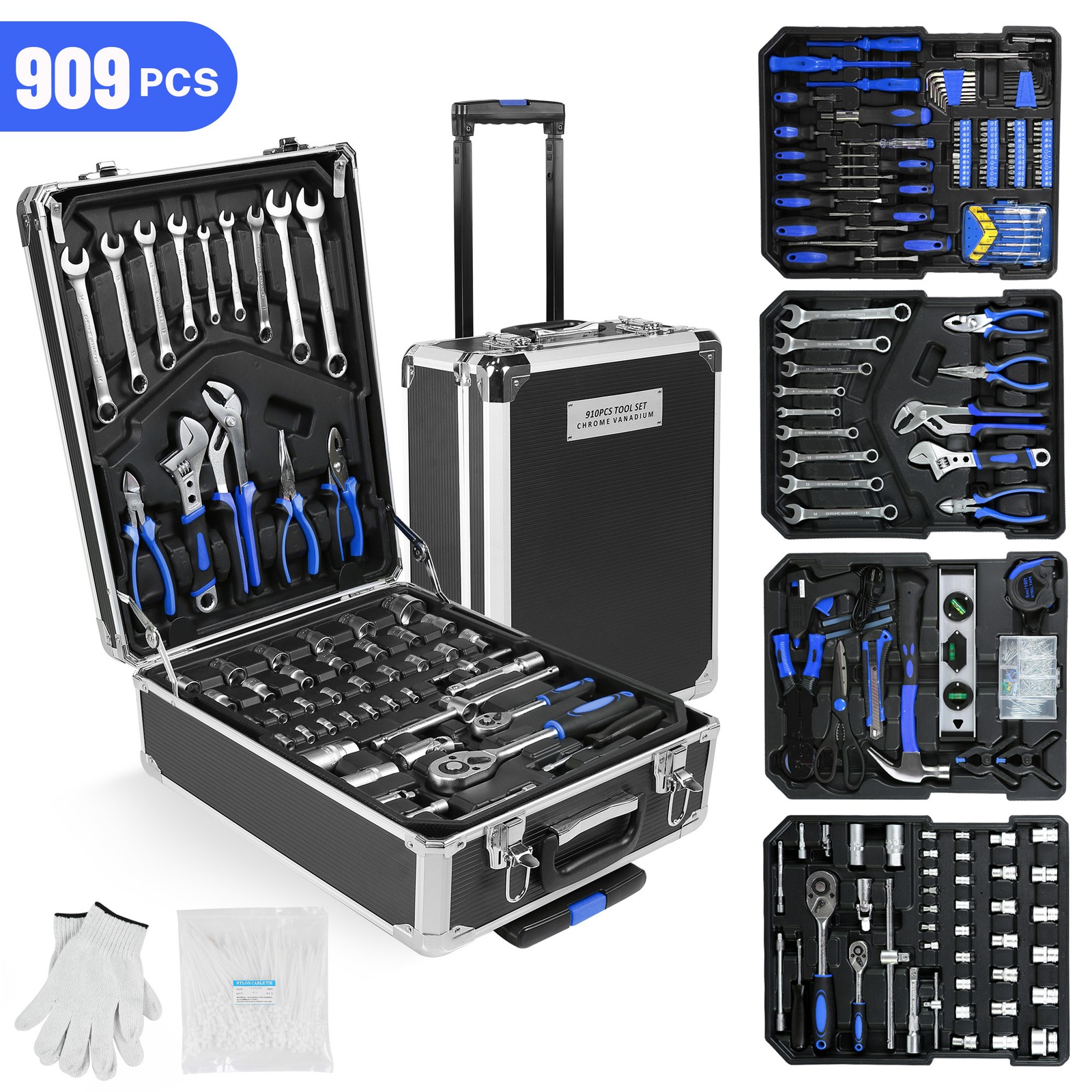 909 PCS Mechanics Tool Set Metal Case Socket Wrench Set Tool Kit