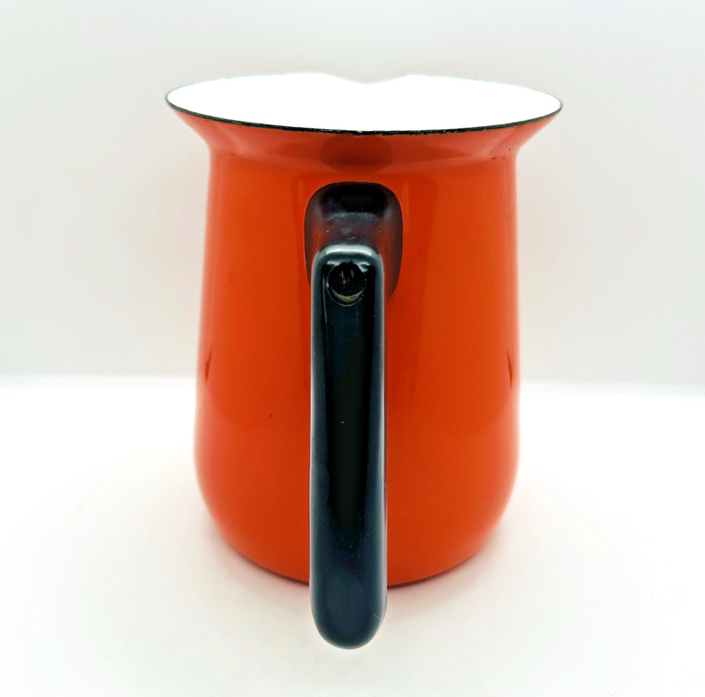 Vintage Enamelware Pitcher Flame Orange White w/Black Handle 6" Tall