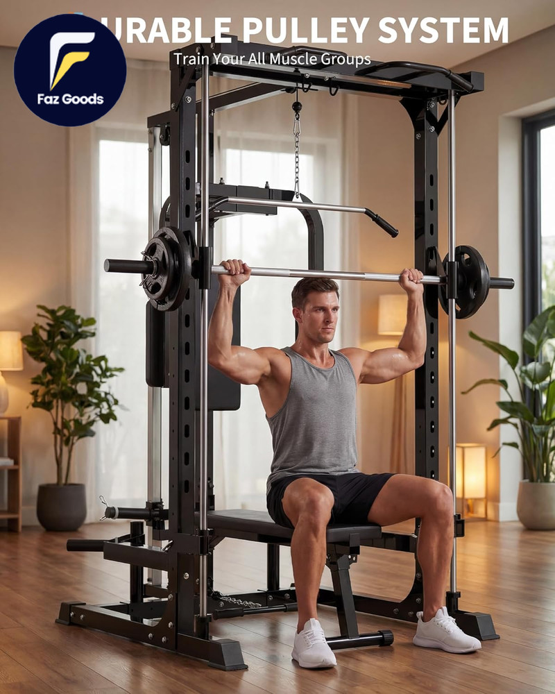 Smith Machine Heavy Duty Power Cage Squat Rack with Smith Bar LAT Pulldown