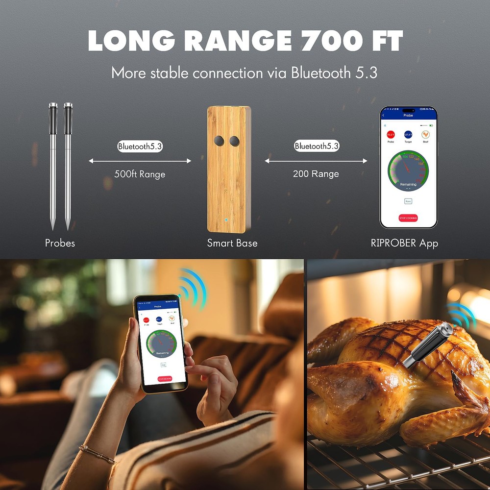 Bluetooth Wireless Meat Thermometer with 2 Ultra-Thin Silver And Black