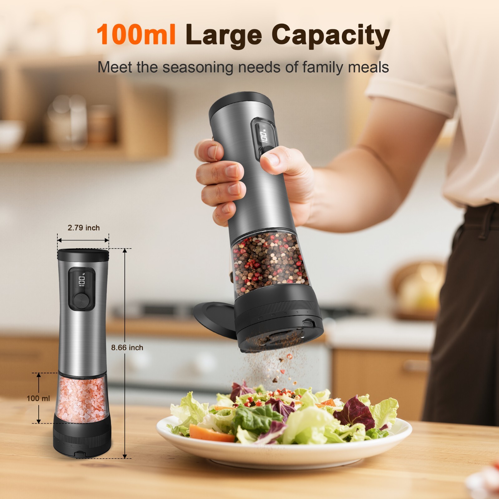 Electric Salt Pepper Grinder Set, Rechargeable Base, Adjustable Coarseness, 2PCS