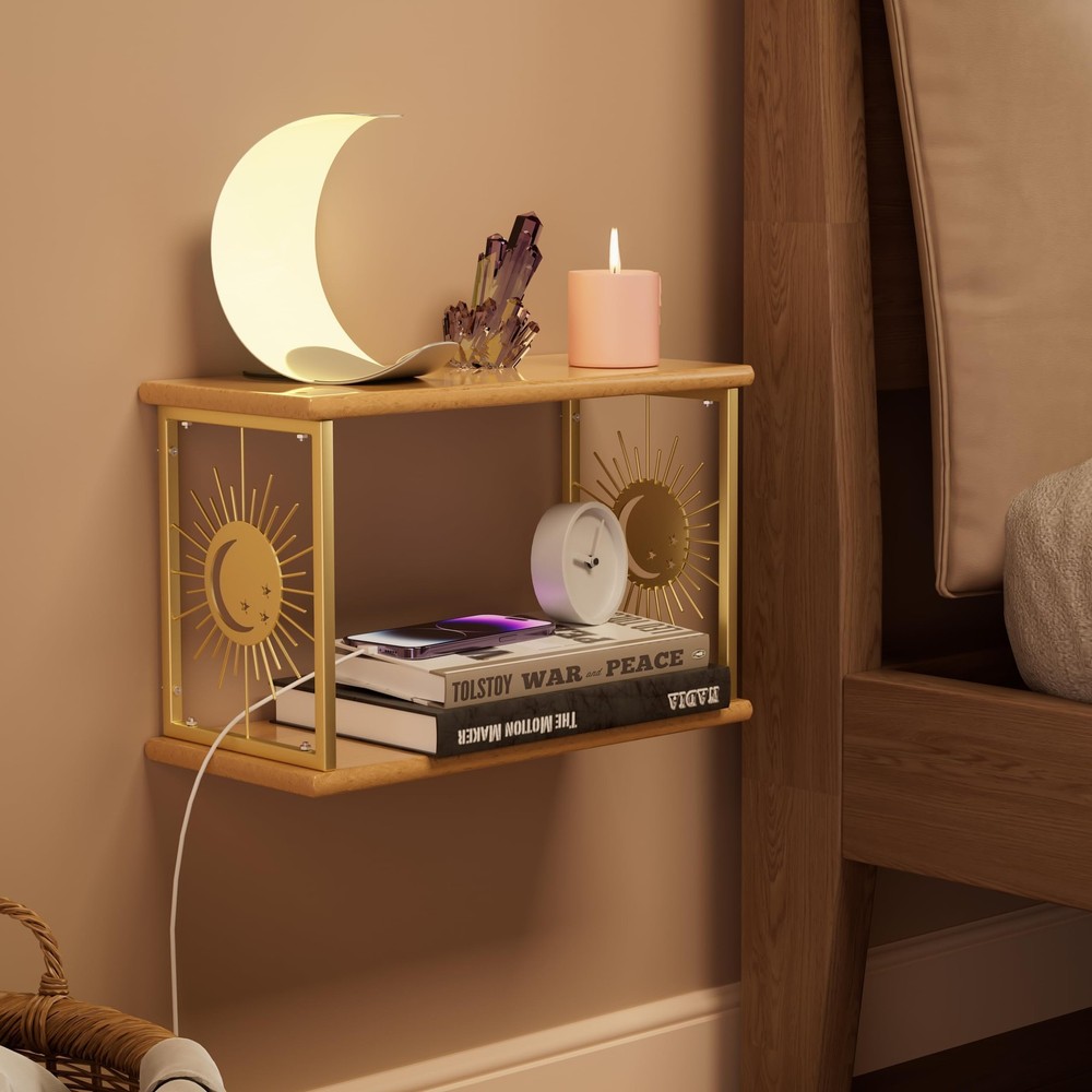 Floating Nightstand Wall Mounted - Natural Solid Wood Night Stand, Bedside Ta...