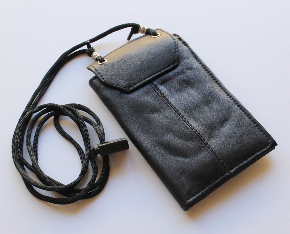 RFID Blocking Leather ID Card Holder Neck Strap Travel Work Pouch Wallet