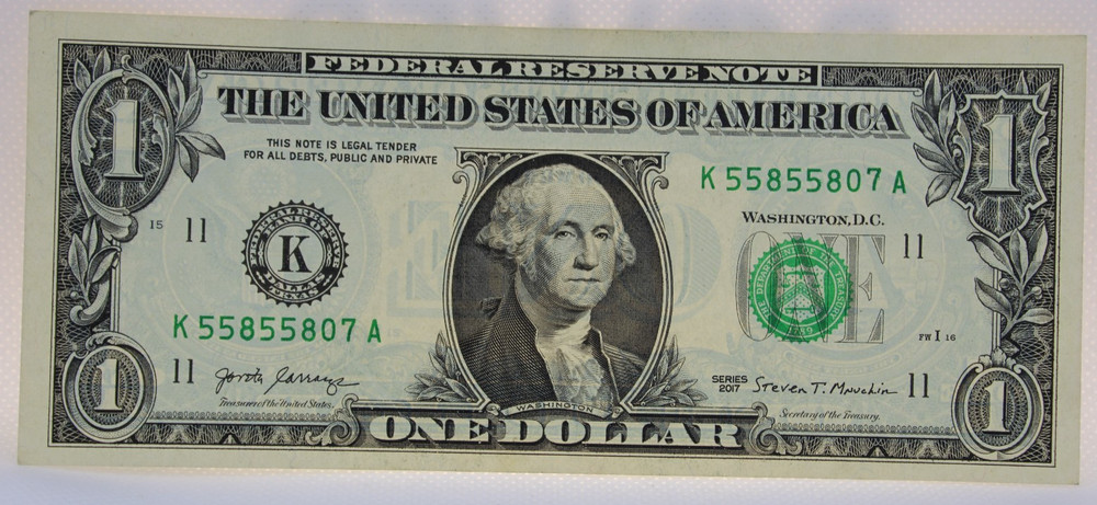 Odometer Error Fancy Serial Number One Dollar Bill K55855807A Repeaters 558 558