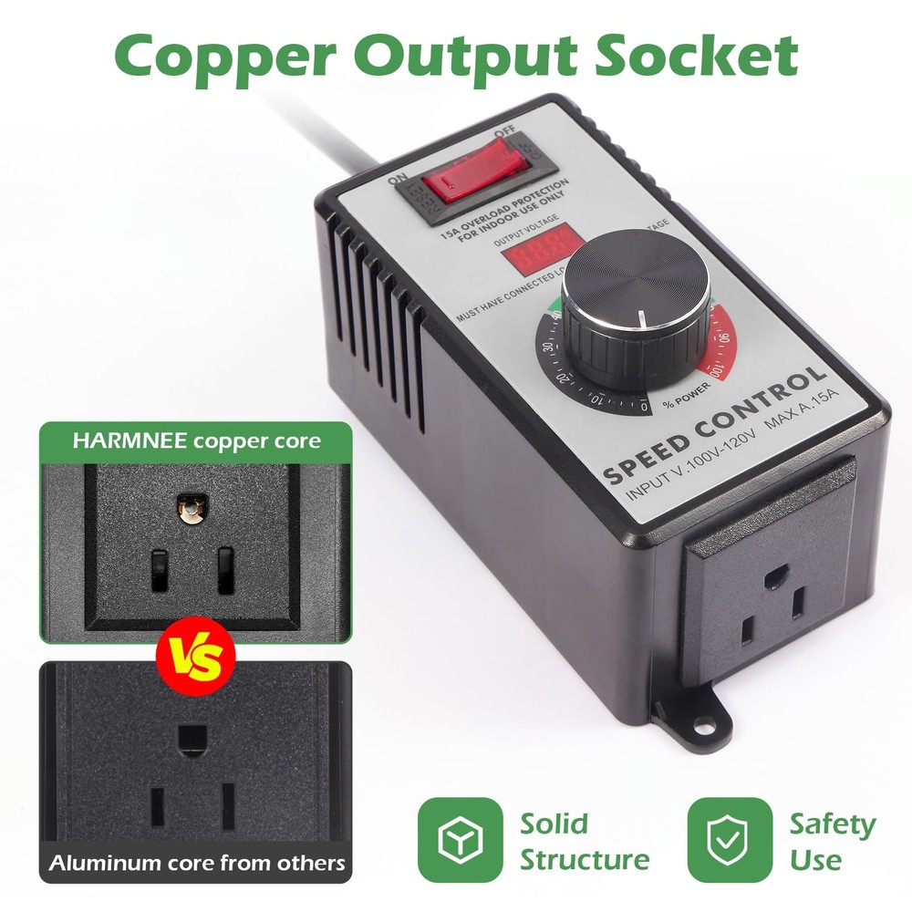 AC Motor Speed Controller 100-120V / 10A Rated / 15A Max Variable Fan Speed C...