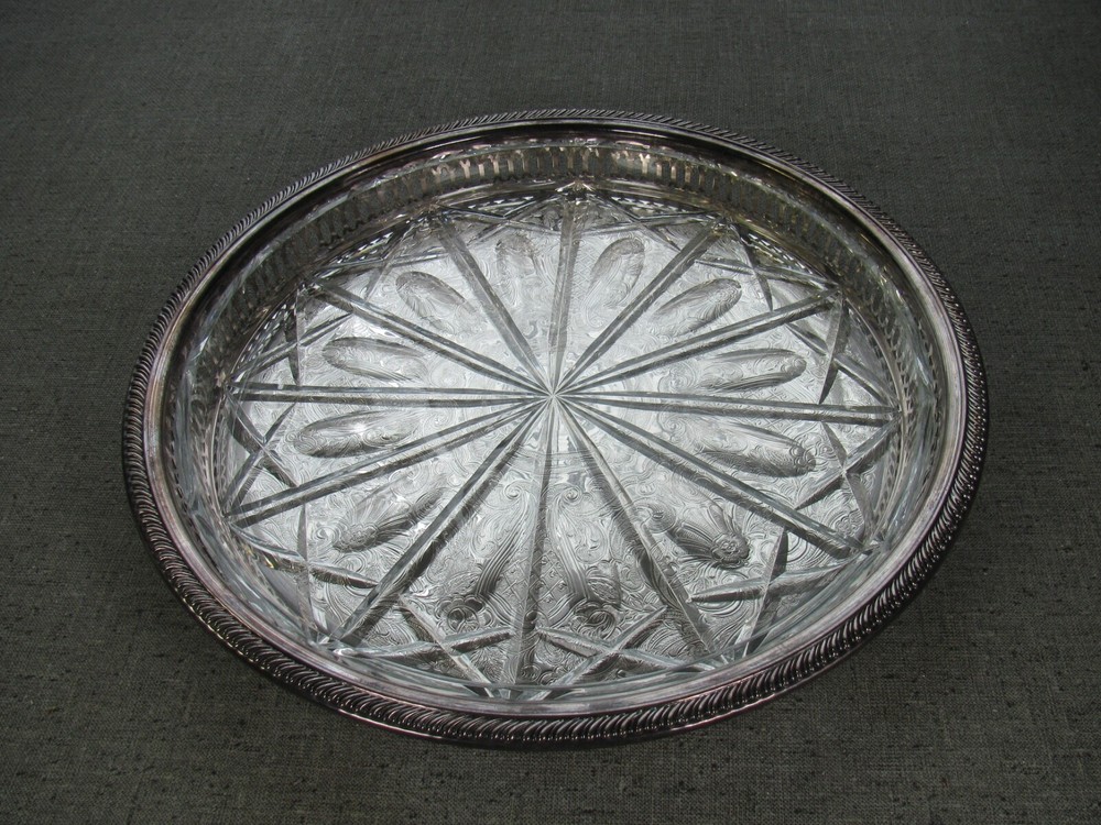 Vtg WM ROGERS Silverplate Etched 12 1/4" Platter Tray & Crystal Platter Insert