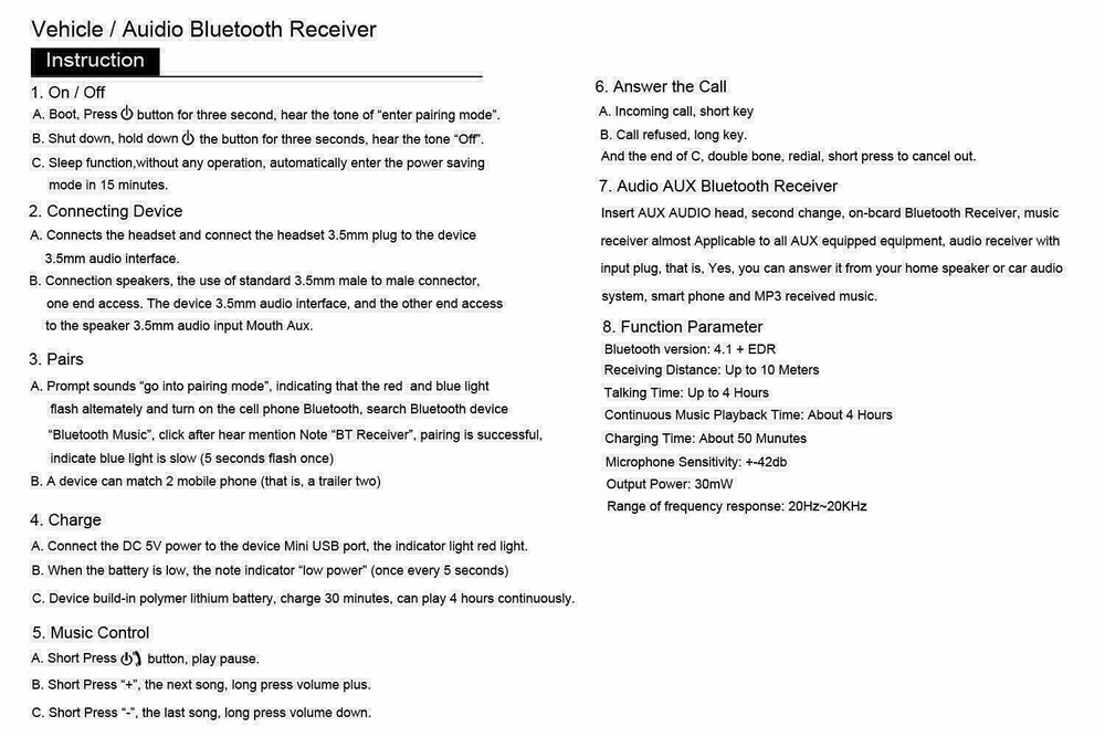 Wireless Bluetooth Receiver 3.5mm AUX Audio Stereo Hands Free Car Adapter