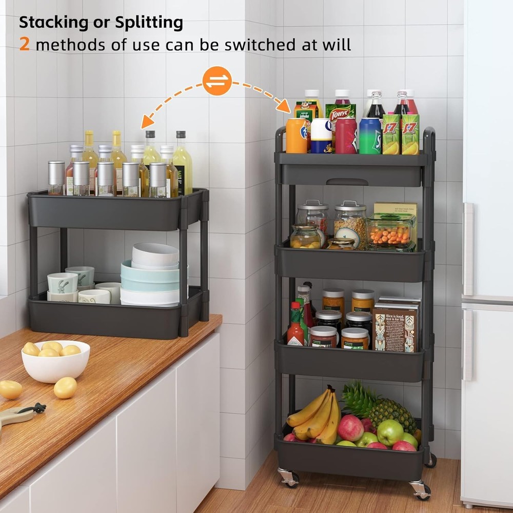 Adjustable 4-Tier Rolling Cart - Effortless Storage Solution with Chic Design