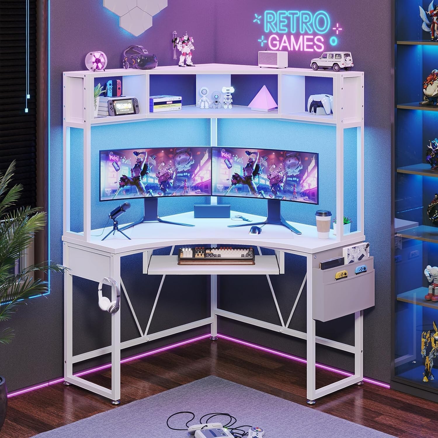 Corner Desk, Small Computer Desk with Hutch &LED Lights Small Office Desk, White