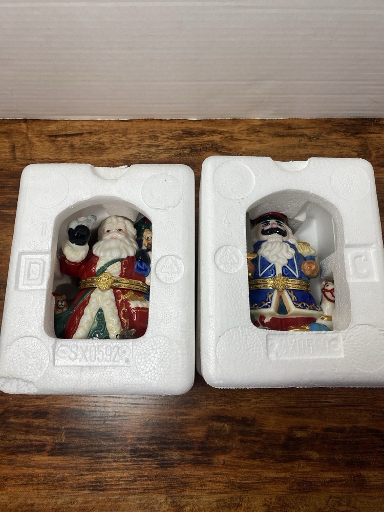 2 Traditions Porcelain Decorative Keepsake Box Hand Painted Santa & Nutcracker