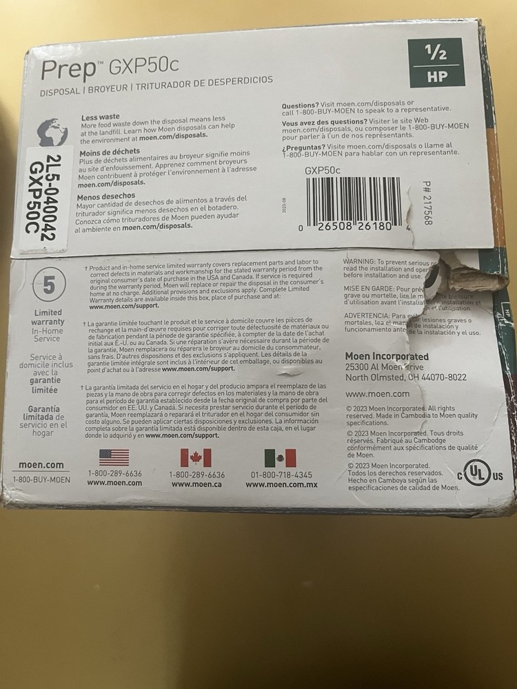 Moen GXP50C 1/2HP Continuous Feed Garbage Disposal New