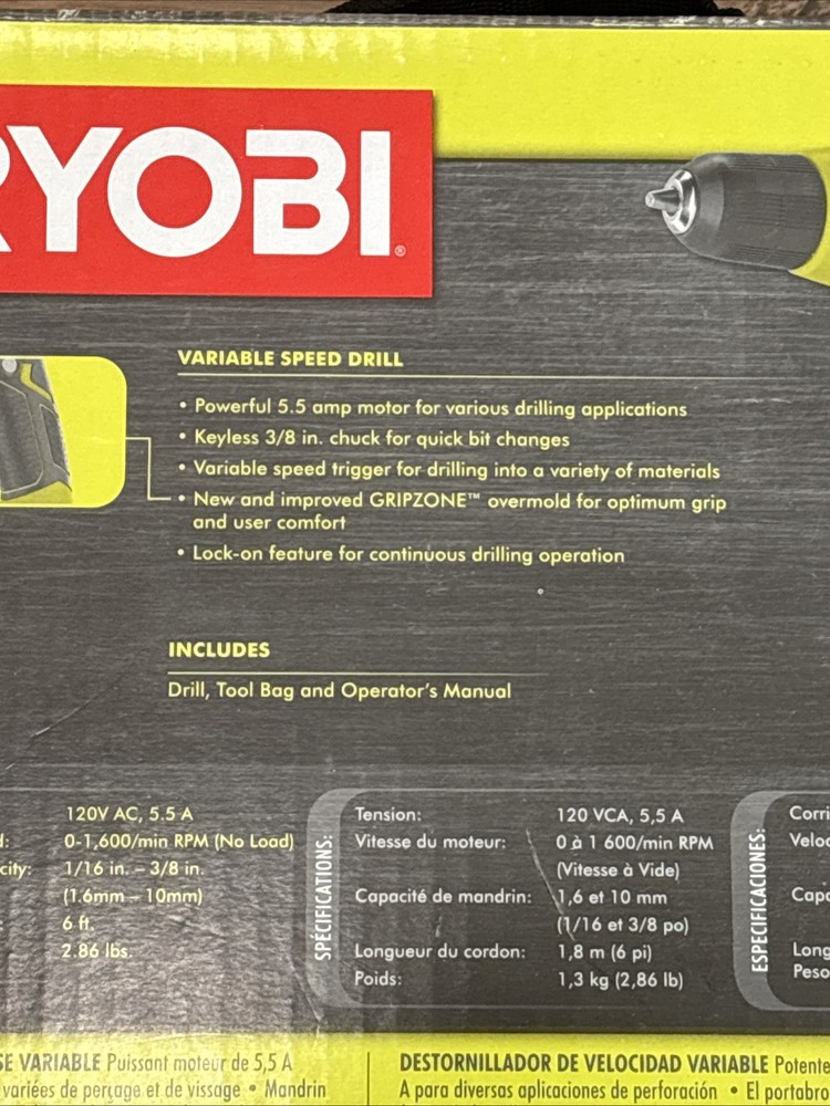 Ryobi Corded 3/8 Inch Compact Drill/Driver with Bag D43, 5.5 Amp Variable Speed