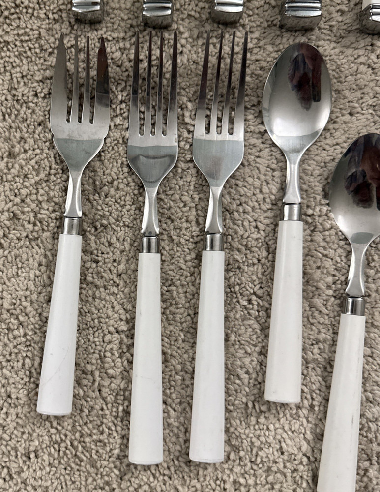 Assorted 17-pc White Plastic Handle Stainless Flatware, China, Taiwan