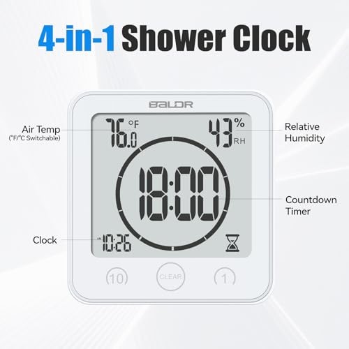 Shower Clock Waterproof Bathroom Clock with Timer/Temperature/Humidity, White