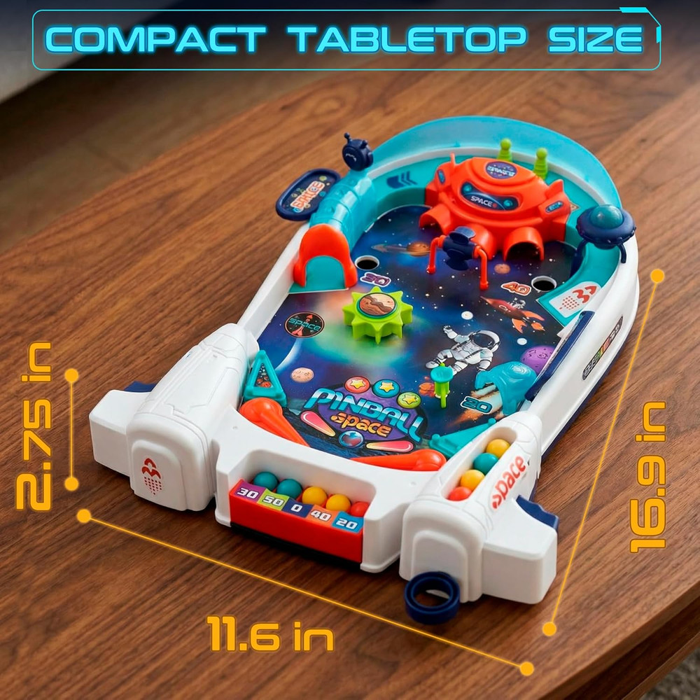 Space Pinball Machine — Tabletop Arcade Game with Obstacles, Pull-Rod Launcher,