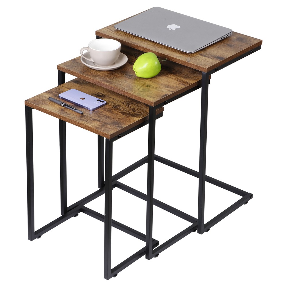 Nesting Coffee Table Set of 3 Stacking C-Shape Accent End Table with Metal Frame