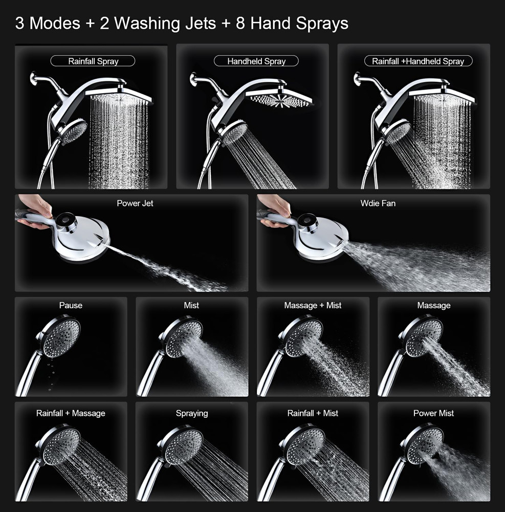 High Pressure Rain Shower Head with Handheld 10 Spray Combo