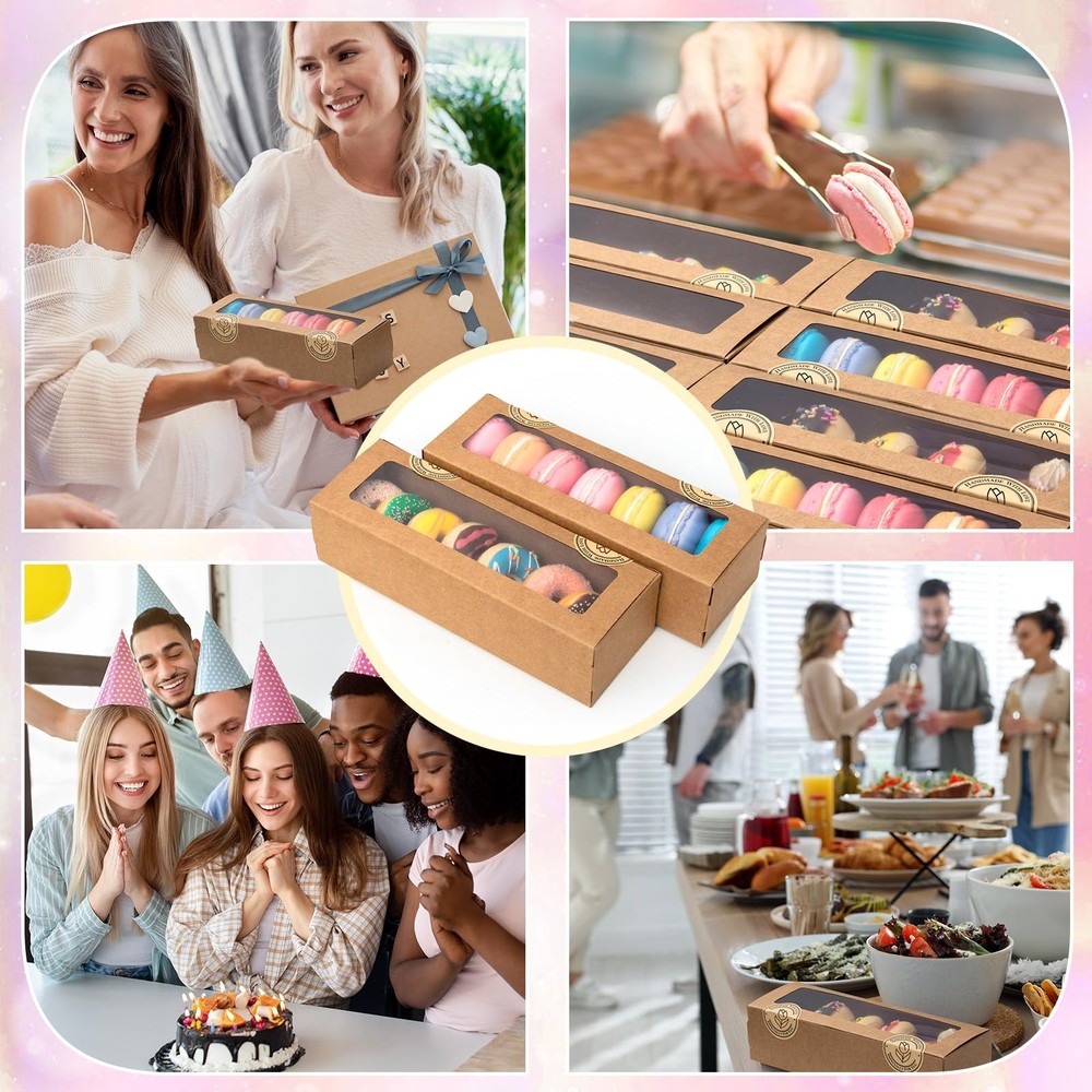 Sherr 150 Pcs Macaron Boxes with Window, Brown Bakery Boxes with Stickers, Co...