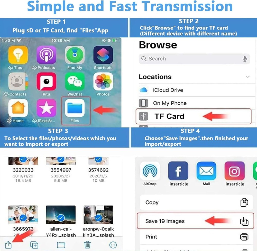 SD Card Reader for iPhone iPad Mac, One built-in cord (Lightening&USB-C)