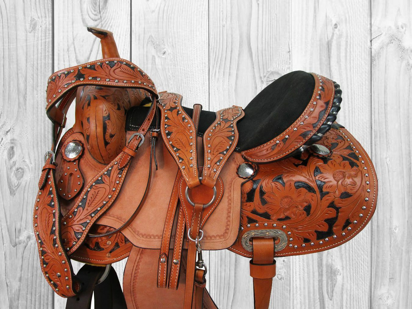 GAITED HORSE WESTERN SADDLE PLEASURE TRAIL BLACK TOOLED USED LEATHER 15 16 17
