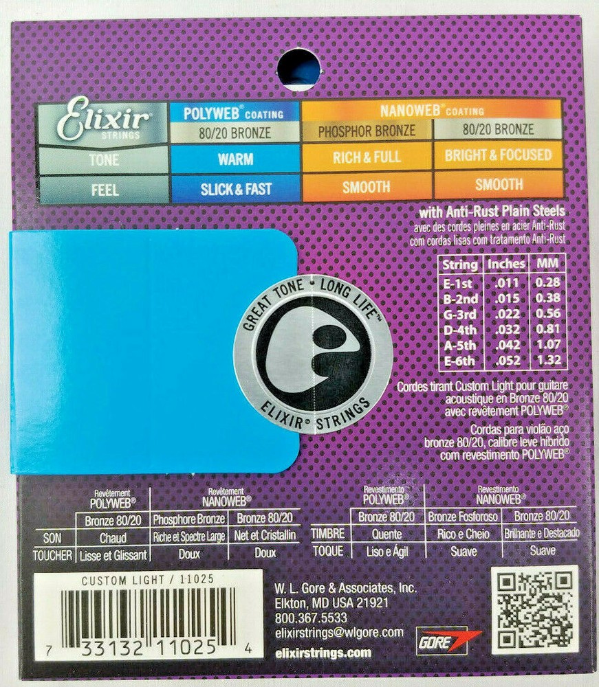 Elixir 11025 11-52 Custom Light 80/20 Polyweb Coated Acoustic Guitar String Set