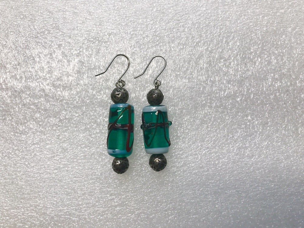 Earrings Silver Transparent Green Glass Dangle Wire