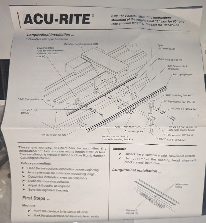 ACU-RITE 73-16-40-0 MOUNTING KIT 385074-06 MATE MINI-SCALE ENCODER LATHE Z-AXIS